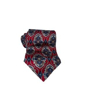 Domani Mens Red Blue Medallion Geometric 100% Italian Silk Necktie 4 Inch Width